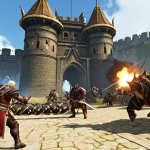 **A chaotic siege battle scene on the Auroria continent of ArcheAge, featuring guilds clashing around a castle. Siege weaponry like catapults and rams are actively firing. Capture the blend of PvP and PvE elements with fantasy character classes (DD, Tanks, Healers) in action.**