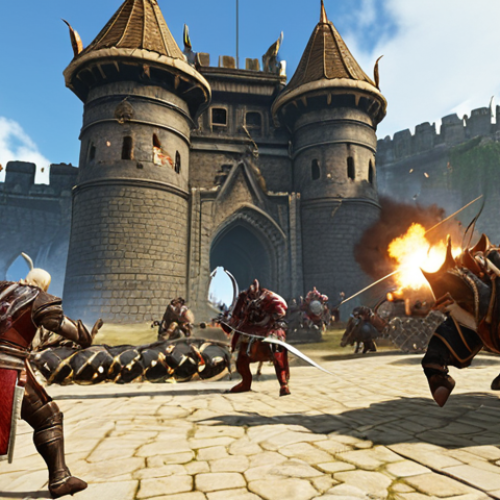 Home 26 **A chaotic siege battle scene on the Auroria continent of ArcheAge, featuring guilds clashing around a castle. Siege weaponry like catapults and rams are actively firing. Capture the blend of PvP and PvE elements with fantasy character classes (DD, Tanks, Healers) in action.**