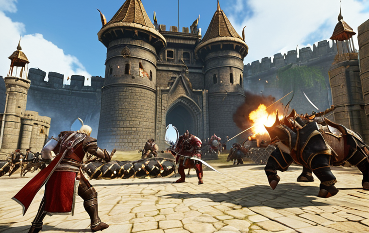 **A chaotic siege battle scene on the Auroria continent of ArcheAge, featuring guilds clashing around a castle. Siege weaponry like catapults and rams are actively firing. Capture the blend of PvP and PvE elements with fantasy character classes (DD, Tanks, Healers) in action.**