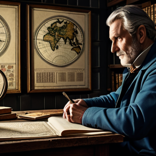 Home 25 A mature, professional male trader, looking thoughtful and strategic. He is dressed in a practical yet refined adventurer's outfit, consisting of a well-tailored, durable jacket, a plain shirt, and sturdy trousers. His attire is fully clothed and modest. He is seated at a sturdy wooden table in a dimly lit, cozy study. The table is covered with old maps, a large open ledger with handwritten notes, and a glowing monitor displaying complex market graphs and charts. A quill and inkwell are nearby. The background shows bookshelves filled with ancient tomes and perhaps a globe. The mood is focused, intelligent, and experienced. Professional studio lighting, high detail, realistic, cinematic quality, perfect anatomy, correct proportions, natural pose, well-formed hands, proper finger count, safe for work, appropriate content, fully clothed, professional.