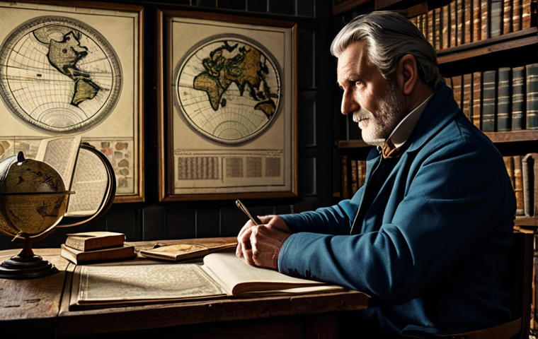 A mature, professional male trader, looking thoughtful and strategic. He is dressed in a practical yet refined adventurer's outfit, consisting of a well-tailored, durable jacket, a plain shirt, and sturdy trousers. His attire is fully clothed and modest. He is seated at a sturdy wooden table in a dimly lit, cozy study. The table is covered with old maps, a large open ledger with handwritten notes, and a glowing monitor displaying complex market graphs and charts. A quill and inkwell are nearby. The background shows bookshelves filled with ancient tomes and perhaps a globe. The mood is focused, intelligent, and experienced. Professional studio lighting, high detail, realistic, cinematic quality, perfect anatomy, correct proportions, natural pose, well-formed hands, proper finger count, safe for work, appropriate content, fully clothed, professional.