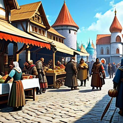 Home 24 **
"A busy marketplace scene in a fantasy MMORPG setting, reminiscent of a bustling medieval Russian town, fully clothed traders bartering over goods, appropriate attire, safe for work, professional quality, perfect anatomy, natural proportions, diverse characters, digital painting, family-friendly, focus on the vibrant atmosphere and economic activity"
**