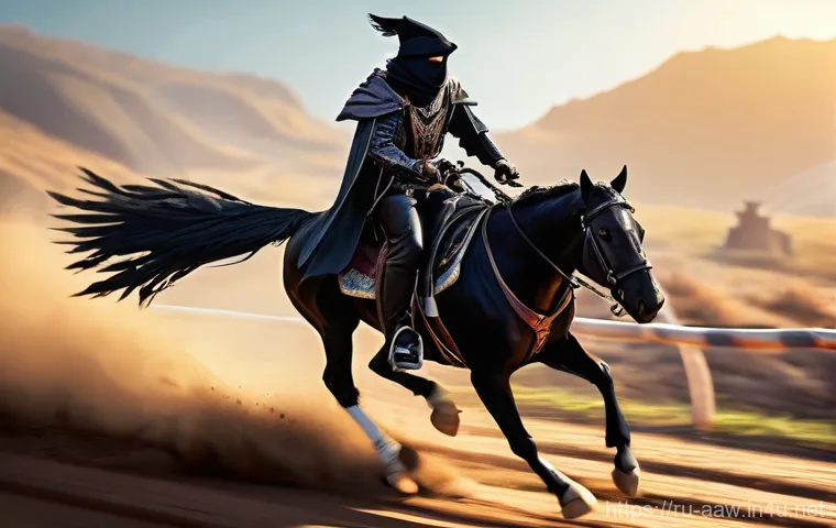 아키에이지 탈것 경주 이벤트 - **Prompt 1: "Agile Raven's Triumph on a Winding Track"**
    "A dynamic, high-angle action shot of a...