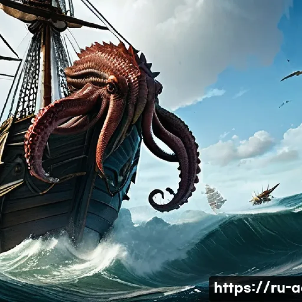 아키에이지 월드 보스 타이밍 - An epic high-fantasy naval battle scene in the world of ArcheAge, featuring a colossal Kraken emergi...