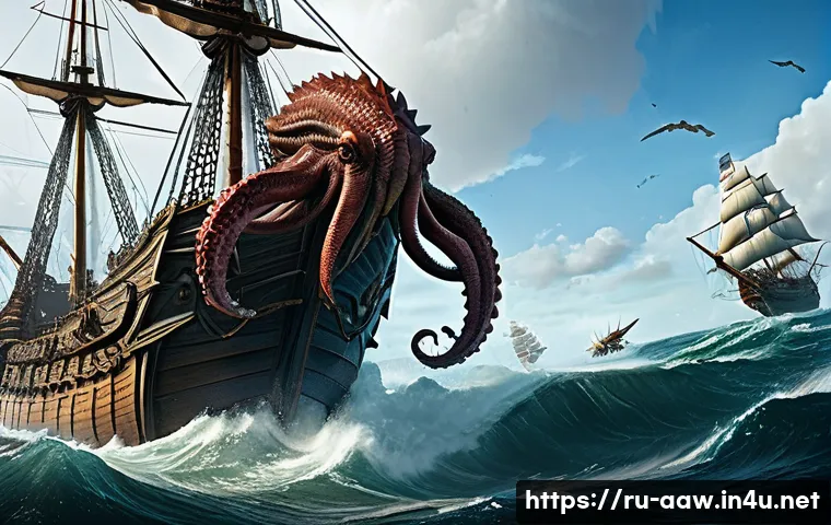 아키에이지 월드 보스 타이밍 - An epic high-fantasy naval battle scene in the world of ArcheAge, featuring a colossal Kraken emergi...