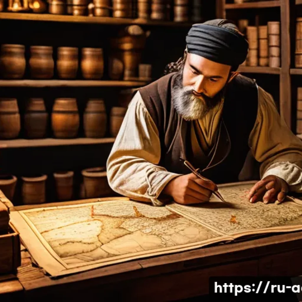 아키에이지 무역 시스템 공략 - **Prompt:** A skilled fantasy merchant, male or female, diligently studying a large, intricately dra...