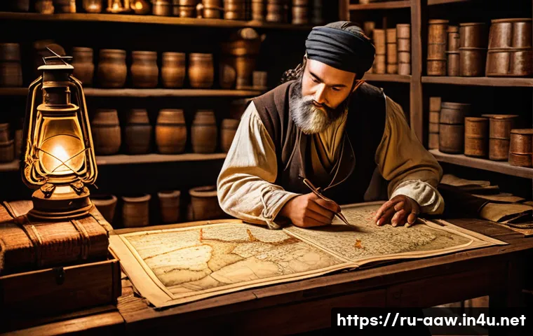 아키에이지 무역 시스템 공략 - **Prompt:** A skilled fantasy merchant, male or female, diligently studying a large, intricately dra...