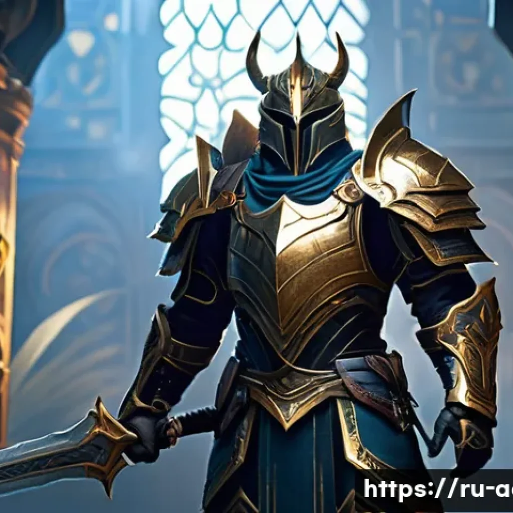아키에이지 최상위 장비 공략 - A heroic male warrior from ArcheAge stands triumphantly in a grand, ancient hall, adorned in a full,...