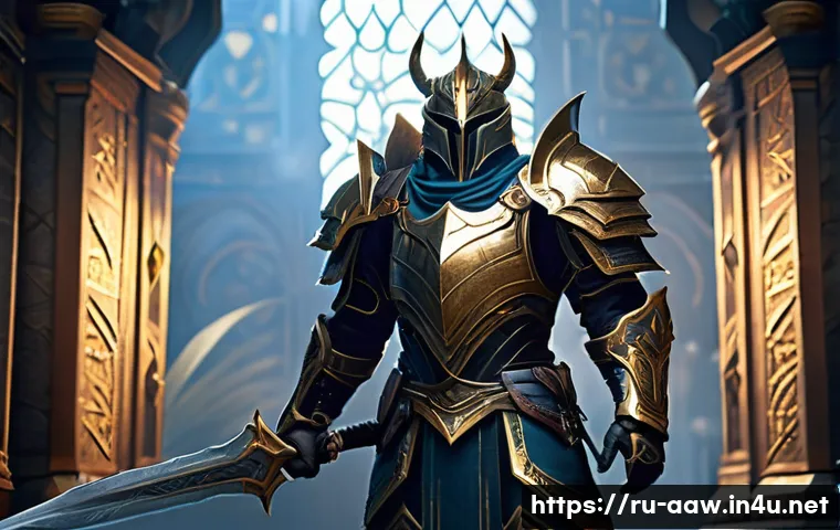 아키에이지 최상위 장비 공략 - A heroic male warrior from ArcheAge stands triumphantly in a grand, ancient hall, adorned in a full,...