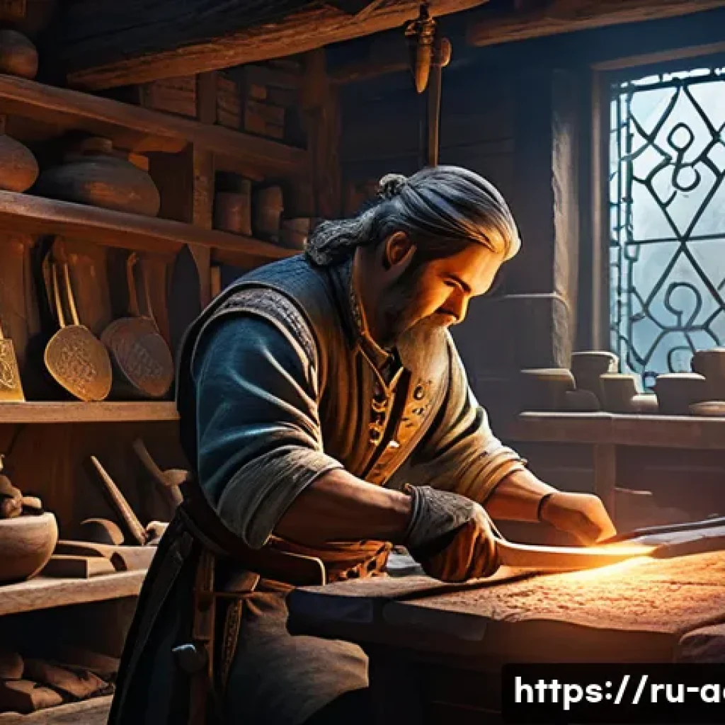 아키에이지 아이템 강화 성공 확률 - A detailed fantasy blacksmith workshop scene in a medieval Russian-inspired setting, showcasing a sk...