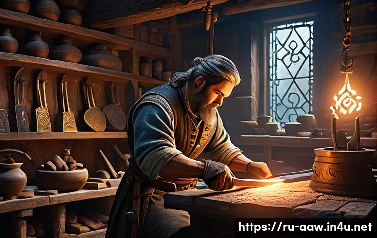 아키에이지 아이템 강화 성공 확률 - A detailed fantasy blacksmith workshop scene in a medieval Russian-inspired setting, showcasing a sk...