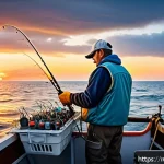 Home 22 아키에이지 낚시 콘텐츠 공략 - A detailed scene of a professional fisherman preparing for rare sea fishing on an open ocean boat du...