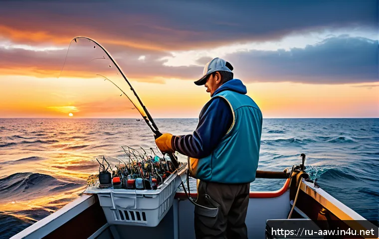 아키에이지 낚시 콘텐츠 공략 - A detailed scene of a professional fisherman preparing for rare sea fishing on an open ocean boat du...