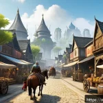 Home 21 아키에이지 무역 세율 분석 - A detailed fantasy trade route map scene from ArcheAge, showing a vibrant medieval marketplace with ...