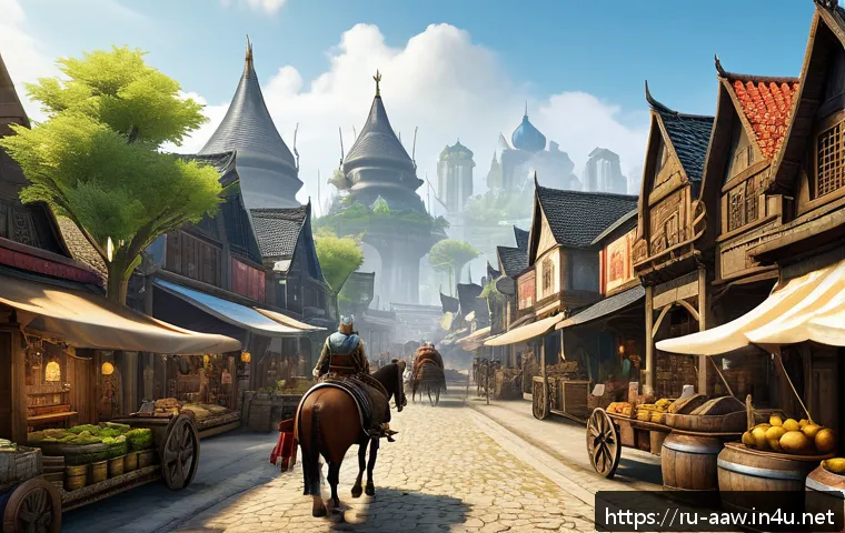 아키에이지 무역 세율 분석 - A detailed fantasy trade route map scene from ArcheAge, showing a vibrant medieval marketplace with ...