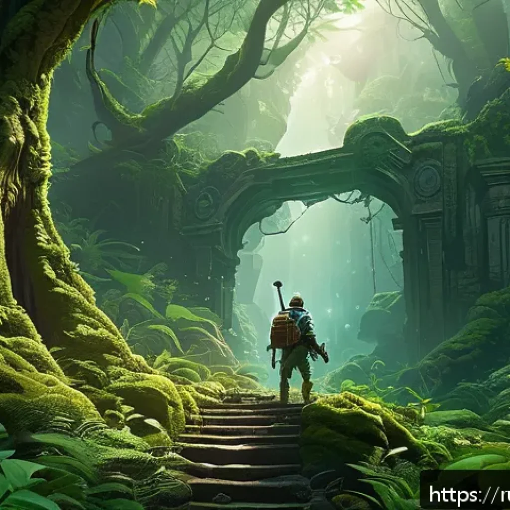 아키에이지 희귀 지역 탐험 - A mysterious, dense forest scene from a fantasy archipelago, featuring a hidden ancient mine entranc...
