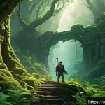 Home 19 아키에이지 희귀 지역 탐험 - A mysterious, dense forest scene from a fantasy archipelago, featuring a hidden ancient mine entranc...