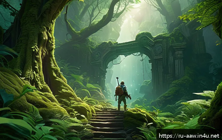 아키에이지 희귀 지역 탐험 - A mysterious, dense forest scene from a fantasy archipelago, featuring a hidden ancient mine entranc...