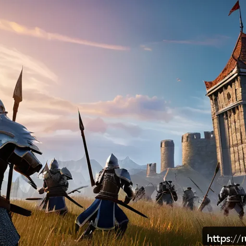 아키에이지 주간 이벤트 활용법 - A dynamic battle scene in a fantasy fortress siege event from ArcheAge, featuring armored warriors i...