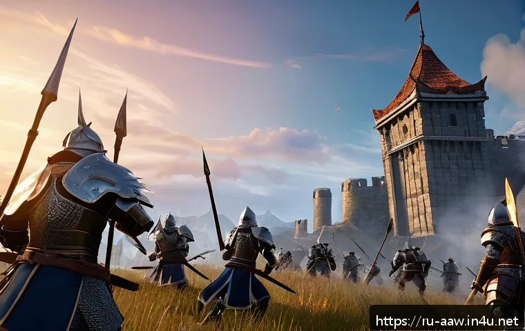 아키에이지 주간 이벤트 활용법 - A dynamic battle scene in a fantasy fortress siege event from ArcheAge, featuring armored warriors i...