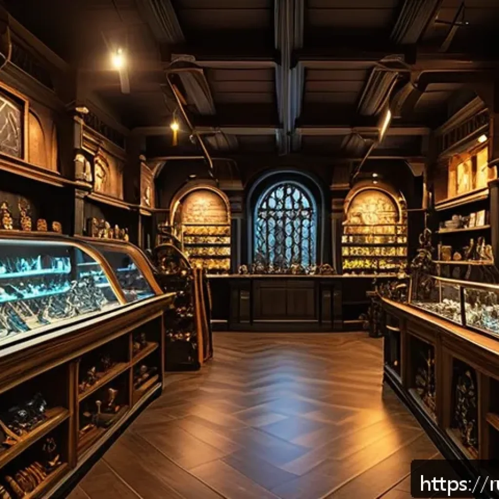 아키에이지 상점 할인 이벤트 - A detailed scene of a fantasy RPG game store interior showcasing a variety of equipment categories: ...