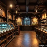 Home 23 아키에이지 상점 할인 이벤트 - A detailed scene of a fantasy RPG game store interior showcasing a variety of equipment categories: ...