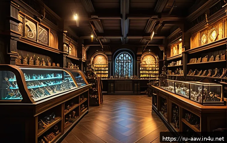 아키에이지 상점 할인 이벤트 - A detailed scene of a fantasy RPG game store interior showcasing a variety of equipment categories: ...