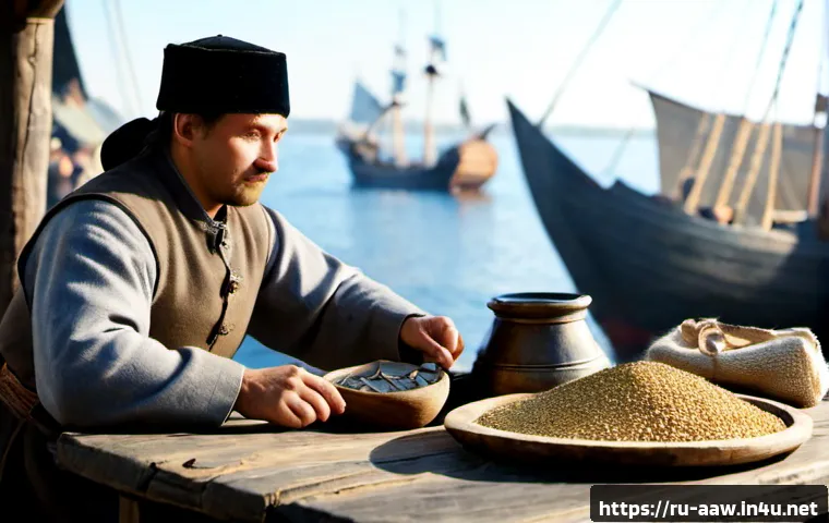 Home 17 아키에이지 경제 시스템 이해 - Photorealistic fantasy medieval marketplace economy scene, a Russian-style merchant in practical woo...