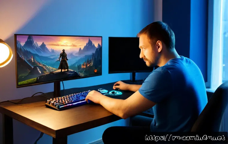 Home 15 아키에이지 상위 직업 선택법 - Photorealistic Russian male gamer in his thirties seated at a clean home gaming desk, thoughtfully c...