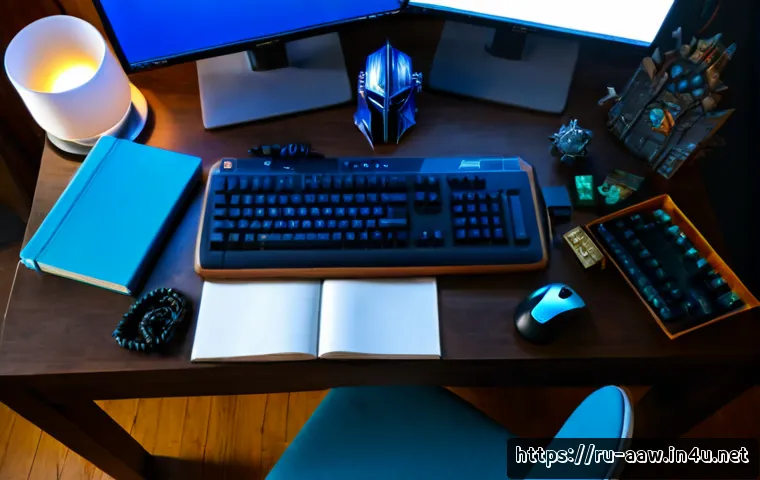 아키에이지 장비 분해 전략 - Photorealistic overhead view of a Russian gamer’s organized desk during a fantasy MMORPG equipment d...