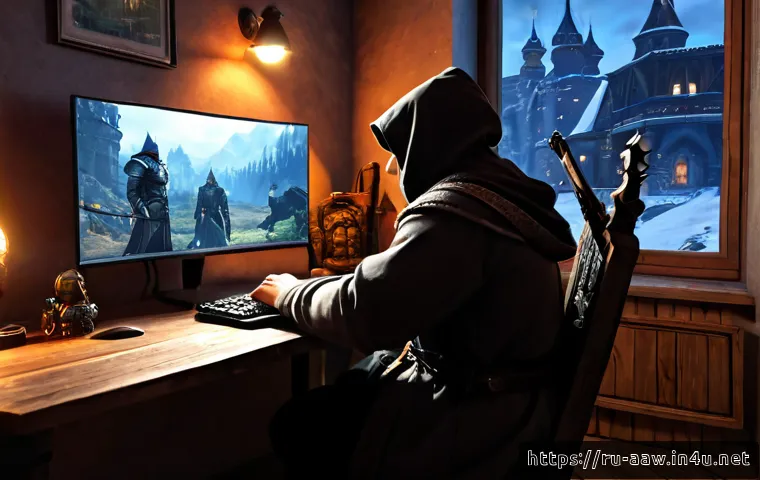 아키에이지 인기 클래스 순위 - Photorealistic fantasy gaming scene in a cozy Russian apartment at dusk, focused young adult player ...