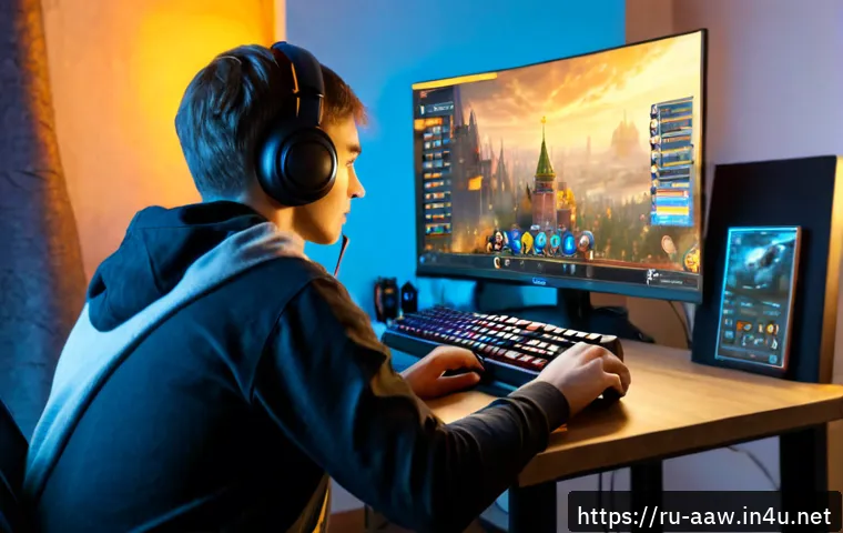 Home 17 아키에이지 상위 콘텐츠 세팅 - Photorealistic Russian gaming setup for high-level fantasy MMORPG preparation, focused young adult p...