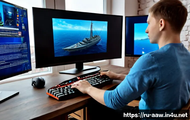 Home 17 아키에이지 상위 유저 팁 정리 - Photorealistic evening gaming setup in a cozy modern apartment in Moscow, focused adult gamer studyi...