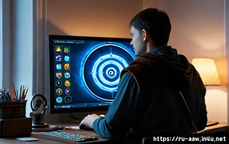 아키에이지 직업별 스킬 효율 - Photorealistic cinematic fantasy scene of a focused Russian male gamer in a cozy Moscow apartment at...